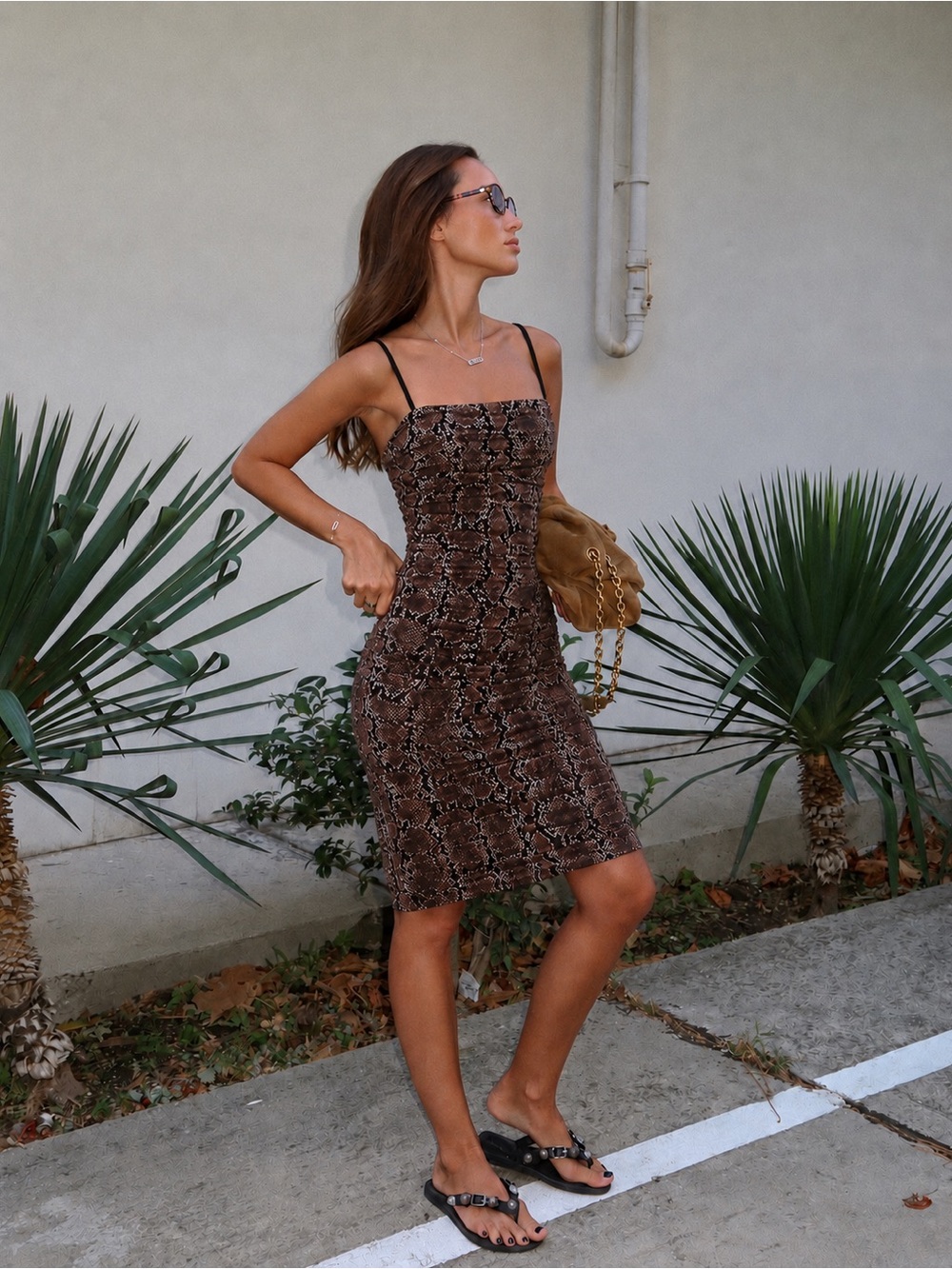 Babaton Snake Print Ruched Bodycon Midi Dress Size 00 Brown Stretch Cocktail